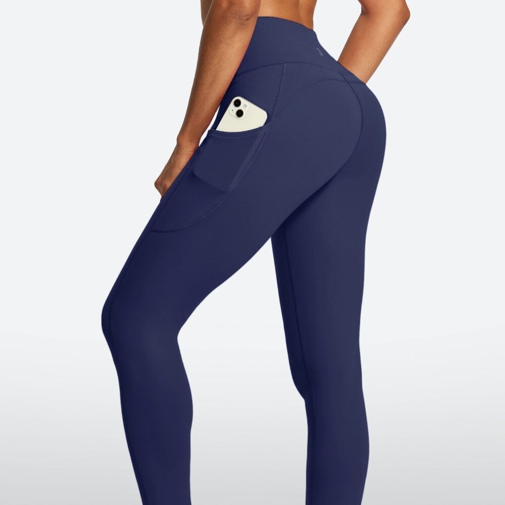 Women Navy Blue High-Waisted Leggings with pockets